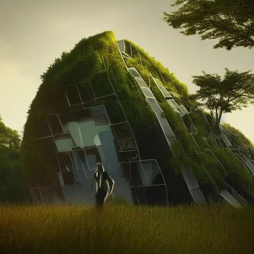 A broken down building in a stunning landscape, overgrowth of vegetation, CryEngine,Bloom light effect, inspired by Benedick Bana, and inspired by Vincent Callebaut, and inspired by Mike Campau, and inspired by Goro Fujita, and inspired by Leticia Gillett, and inspired by Filip Hodas