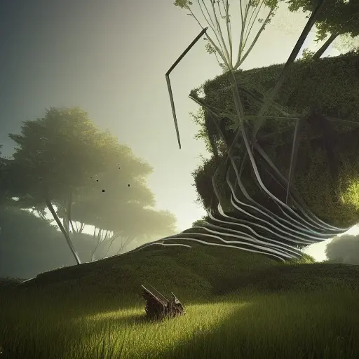 A broken down building in a stunning landscape, overgrowth of vegetation, CryEngine,Bloom light effect, inspired by Benedick Bana, and inspired by Vincent Callebaut, and inspired by Mike Campau, and inspired by Goro Fujita, and inspired by Leticia Gillett, and inspired by Filip Hodas