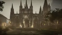 outside of a futuristic gothic cathedral with leds, CryEngine,4k,HQ, 