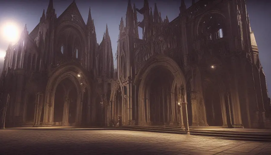 outside of a futuristic gothic cathedral with leds, CryEngine,4k,HQ, 