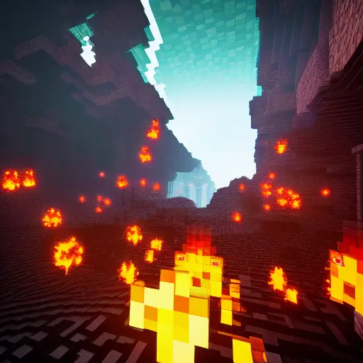 Minecraft blaze fireballs in nether attacking mob, Cyberpunk,Sci-Fi,8k, inspired by Alena Aenami