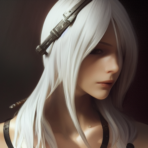 Closeup portrait of a2 from nier automata, Highly Detailed,Intricate,D&D,Hearthstone,Sharp Focus,Concept Art,Fantasy,Elegant, by  Artgerm,by Alphonse Mucha,by Greg Rutkowski
