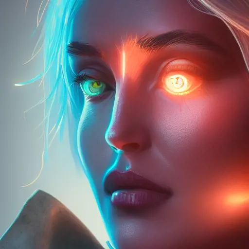 Portrait of Ciri as a Cyborg, 8k,Highly Detailed,Intricate,Intricate Artwork,Symmetry,Trending on Artstation,Cinematic Lighting,Octane Render,Iridescence,Abstract colors,Realism, by  Beeple,by Dan Mumford,by Greg Rutkowski,by  WLOP