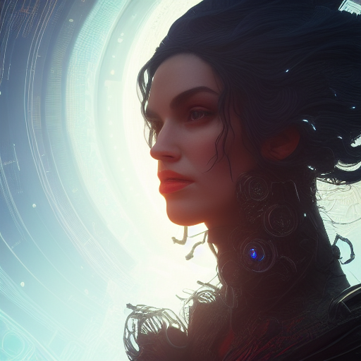 Portrait of Yennefer as a Cyborg, 8k,Highly Detailed,Intricate,Intricate Artwork,Symmetry,Trending on Artstation,Cinematic Lighting,Octane Render,Iridescence,Abstract colors,Realism, by  Beeple,by Dan Mumford,by Greg Rutkowski,by  WLOP