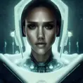 Headshot of Jessica Alba as an Ice Queen Cyborg, 8k,Highly Detailed,Intricate,Intricate Artwork,Symmetry,Trending on Artstation,Cinematic Lighting,Octane Render,Iridescence,Abstract colors,Realism, by  Beeple,by Dan Mumford,by Greg Rutkowski,by  WLOP