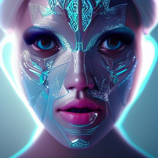 Headshot of Jessica Alba as an Ice Queen Cyborg, 8k,Highly Detailed,Intricate,Intricate Artwork,Symmetry,Trending on Artstation,Cinematic Lighting,Octane Render,Iridescence,Abstract colors,Realism, by  Beeple,by Dan Mumford,by Greg Rutkowski,by  WLOP