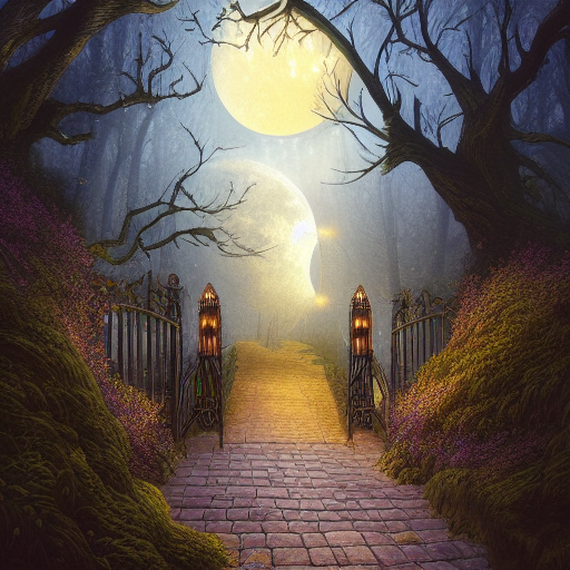 A beautiful digital illustration painting of a detailed gothic fantasy fireflies forest trees and iron gate cobblestone pathway vines full moon, 8k,Artstation,Digital Illustration,Concept Art, by Justin Gerard,by James Gurney