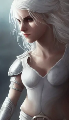 Closeup of Ciri in a white armor, Highly Detailed,Intricate,Artstation,Beautiful,Digital Painting,Sharp Focus,Concept Art,Elegant