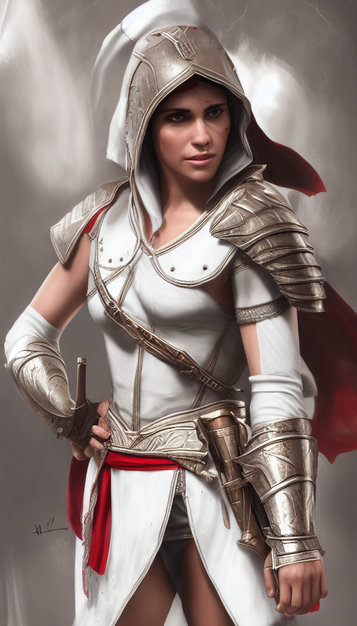 Kassandra from Assassins Creed in white armor, 8k,Highly Detailed,Artstation,Beautiful,Digital Illustration,Sharp Focus,Unreal Engine,Concept Art