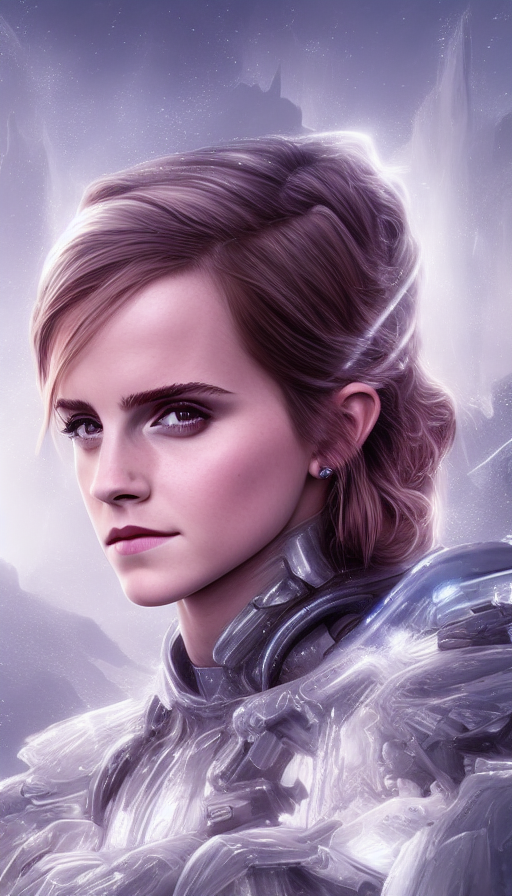 Headshot of Emma Watson as an Ice Queen Cyborg, 8k,Highly Detailed,Intricate,Intricate Artwork,Symmetry,Trending on Artstation,Cinematic Lighting,Octane Render,Iridescence,Abstract colors,Realism, by Dan Mumford,by Greg Rutkowski,by  WLOP