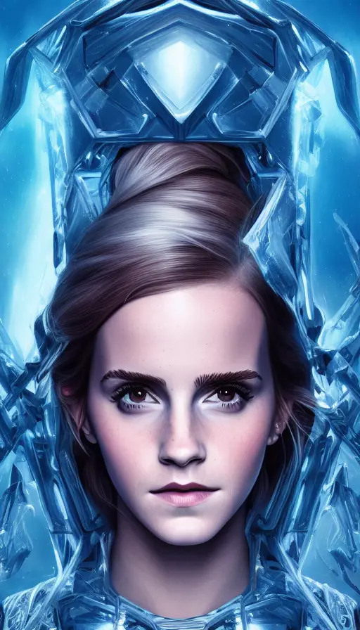 Headshot of Emma Watson as an Ice Queen Cyborg, 8k,Highly Detailed,Intricate,Intricate Artwork,Symmetry,Trending on Artstation,Cinematic Lighting,Octane Render,Iridescence,Abstract colors,Realism, by Dan Mumford,by Greg Rutkowski,by  WLOP