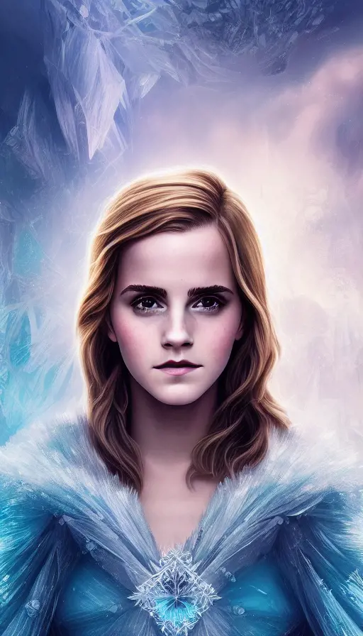 Headshot of a beautiful Emma Watson as an Ice Queen, 8k,Highly Detailed,Intricate,Intricate Artwork,Symmetry,Trending on Artstation,Cinematic Lighting,Octane Render,Iridescence,Abstract colors,Realism, by Dan Mumford,by Greg Rutkowski,by  WLOP
