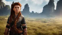 A portrait of Aloy from the Horizon video game in a scenic environment, 4k,HQ,CryEngine