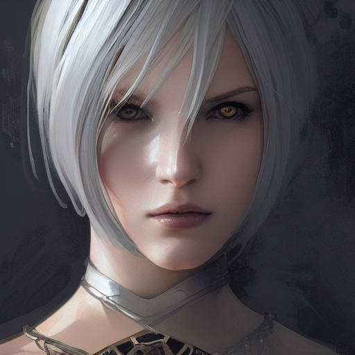 Closeup portrait of a2 from nier automata, Highly Detailed,Intricate,D&D,Hearthstone,Sharp Focus,Concept Art,Fantasy,Elegant, by Alphonse Mucha,by Greg Rutkowski