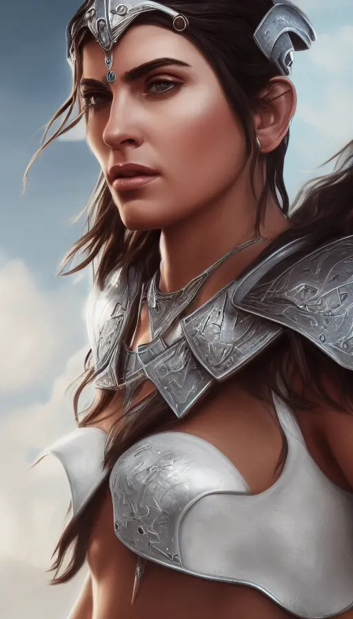 A closeup of Kassandra in white armor, 8k,Highly Detailed,Artstation,Beautiful,Digital Illustration,Sharp Focus,Unreal Engine,Concept Art