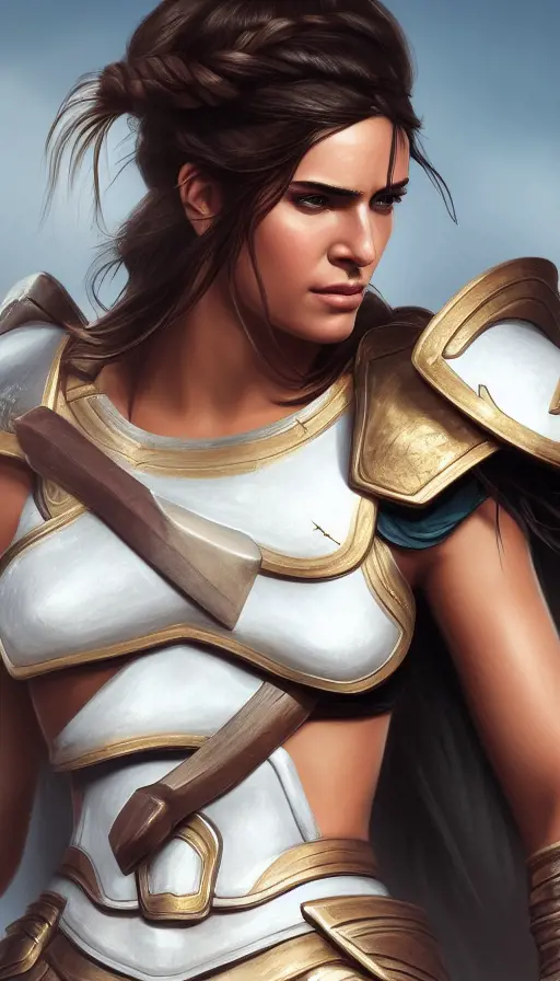 A closeup of Kassandra in white armor looking strong, 8k,Highly Detailed,Artstation,Beautiful,Digital Illustration,Sharp Focus,Unreal Engine,Concept Art