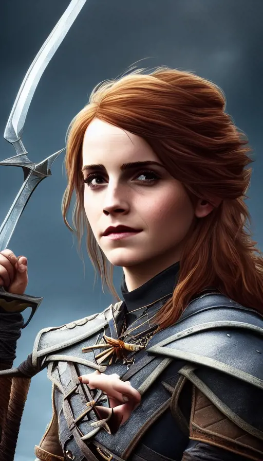 Emma Watson with Ashan hair in the fantasy Witcher 3, 8k,Highly Detailed,Artstation,Beautiful,Digital Illustration,Sharp Focus,Unreal Engine,Concept Art