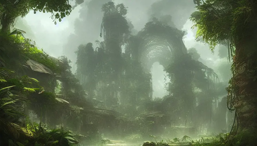 Epic professional digital art of a fantasy jungle ruins, Cgsociety,Pixiv, by  WLOP