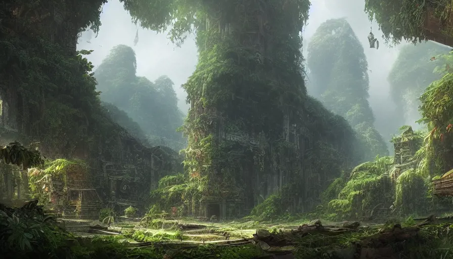 Epic professional digital art of a fantasy jungle ruins, Cgsociety,Pixiv, by  WLOP