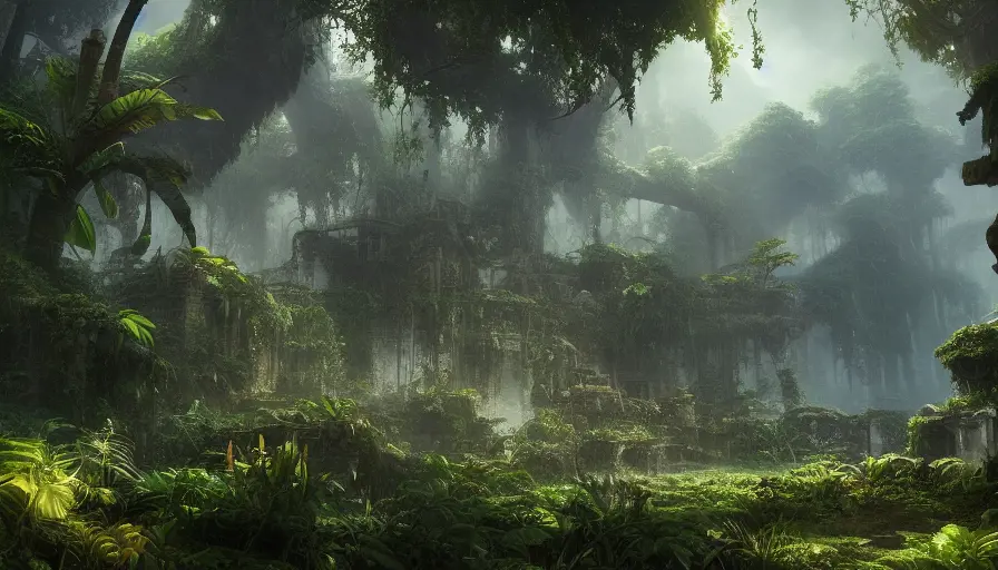 Epic professional digital art of a fantasy jungle ruins, 8k,Cgsociety,Pixiv,Photo Realistic,Unreal Engine, by  WLOP