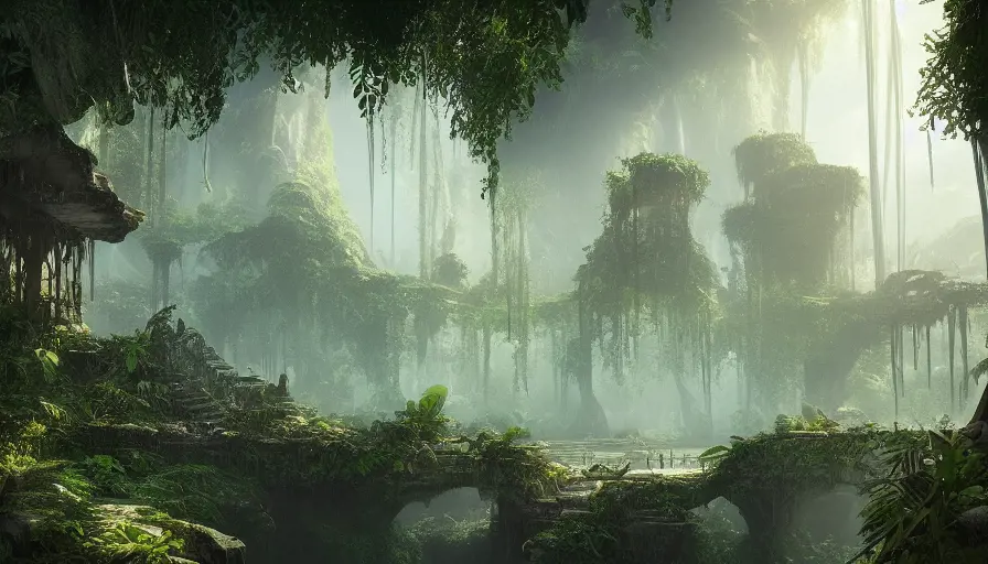 Epic professional digital art of a fantasy jungle ruins, 8k,Cgsociety,Pixiv,Photo Realistic,Unreal Engine, by  WLOP