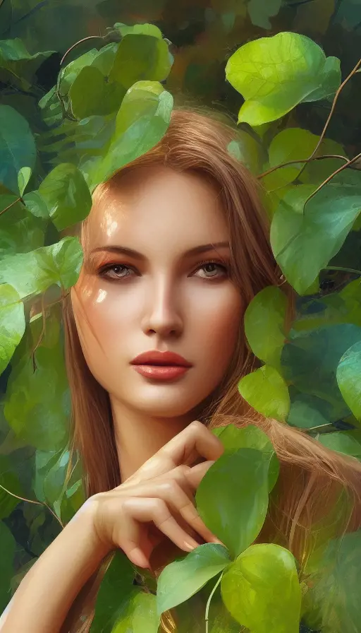 Closeup of a gorgeous female in foliage and the style of stefan kostic, 8k,High Definition,Digital Illustration,Bokeh effect,Photo Realistic,Sharp Focus, by Stanley Artgerm Lau