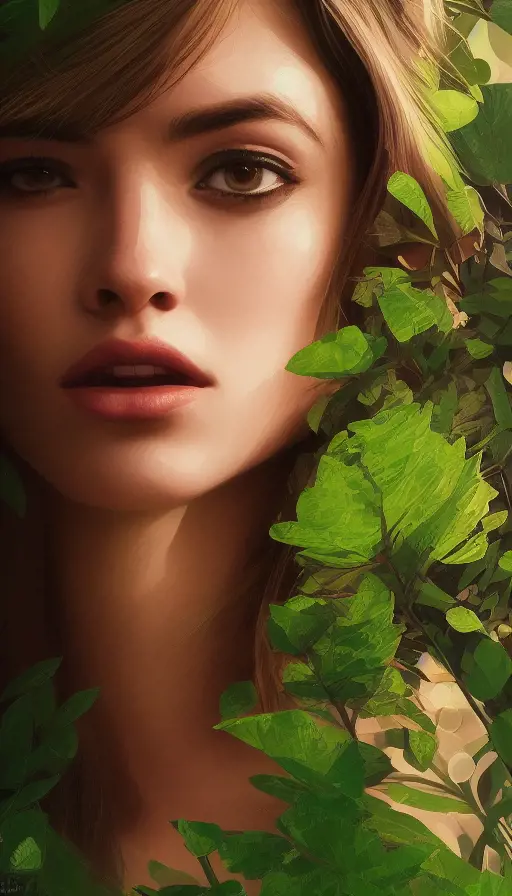 Closeup of a gorgeous female in foliage and the style of stefan kostic, 8k,High Definition,Digital Illustration,Bokeh effect,Photo Realistic,Sharp Focus, by Stanley Artgerm Lau