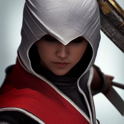 Closeup of a beautiful ninja in Assassin's Creed wearing white, 8k,Highly Detailed,Artstation,Beautiful,Digital Illustration,Sharp Focus,Unreal Engine,Concept Art