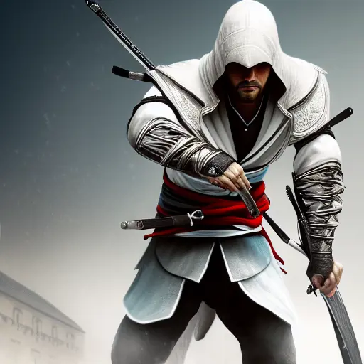 Closeup of a beautiful ninja in Assassin's Creed wearing white, 8k,Highly Detailed,Artstation,Beautiful,Digital Illustration,Sharp Focus,Unreal Engine,Concept Art