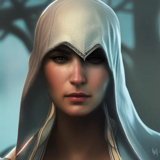 Closeup of a beautiful female assassin from Assassin's Creed, 8k,Highly Detailed,Artstation,Beautiful,Digital Illustration,Sharp Focus,Unreal Engine,Concept Art