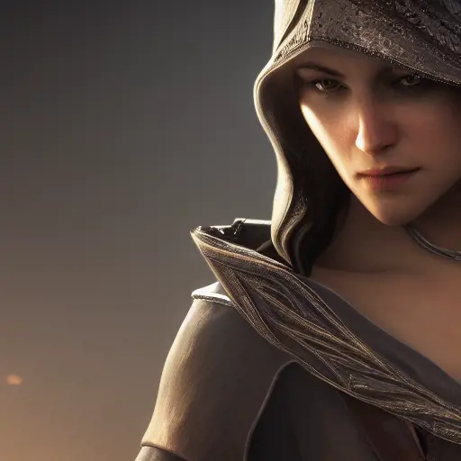 Closeup of a beautiful female assassin from Assassin's Creed, 8k,Highly Detailed,Artstation,Beautiful,Digital Illustration,Sharp Focus,Unreal Engine,Concept Art