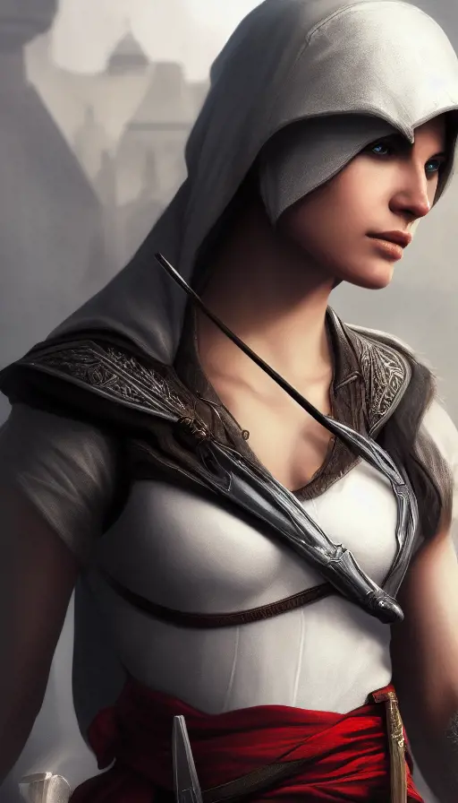 Closeup of a beautiful female assassin from Assassin's Creed in white, 8k,Highly Detailed,Artstation,Beautiful,Digital Illustration,Sharp Focus,Unreal Engine,Concept Art