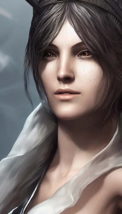 Closeup of a beautiful female assassin from Assassin's Creed in white, 8k,Highly Detailed,Artstation,Beautiful,Digital Illustration,Sharp Focus,Unreal Engine,Concept Art