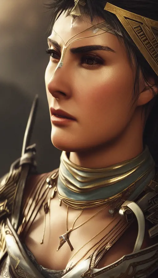 Closeup of a beautiful Kassandra in white Assassin's Creed style, 8k,Highly Detailed,Artstation,Beautiful,Digital Illustration,Sharp Focus,Unreal Engine,Concept Art