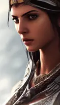 Closeup of a beautiful Kassandra in white Assassin's Creed style, 8k,Highly Detailed,Artstation,Beautiful,Digital Illustration,Sharp Focus,Unreal Engine,Concept Art