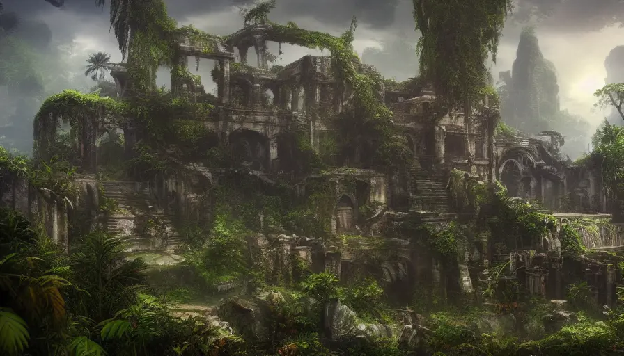 Epic professional digital art of a fantasy jungle ruins, 8k,Cgsociety,Pixiv,Photo Realistic,Unreal Engine