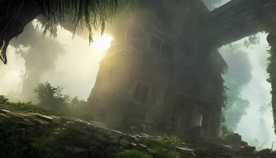Epic digital art of jungle ruins in Tomb Raider, 8k,Cgsociety,Pixiv,Photo Realistic,Unreal Engine