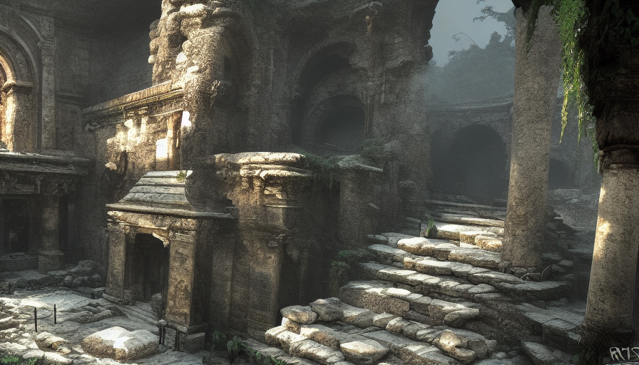Epic digital art of cave ruins in Tomb Raider, 8k,Cgsociety,Pixiv,Photo Realistic,Unreal Engine
