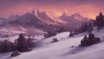 Snowy peaks Mountain landscape at sunset, 4k,Trending on Artstation, by Greg Rutkowski