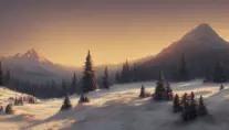 Snowy peaks Mountain landscape at sunset, 4k,Trending on Artstation, by Greg Rutkowski