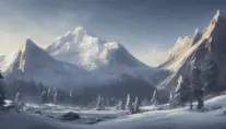 Snowy peaks Mountain landscape on a sunny day, 4k,Trending on Artstation, by Greg Rutkowski