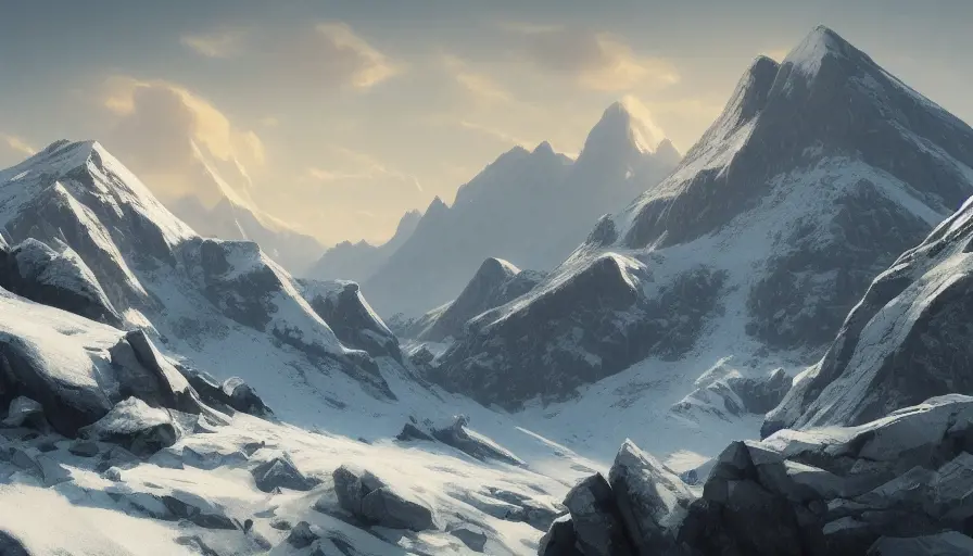 Snowy peaks Mountain landscape on a sunny day, 4k,Trending on Artstation, by Greg Rutkowski