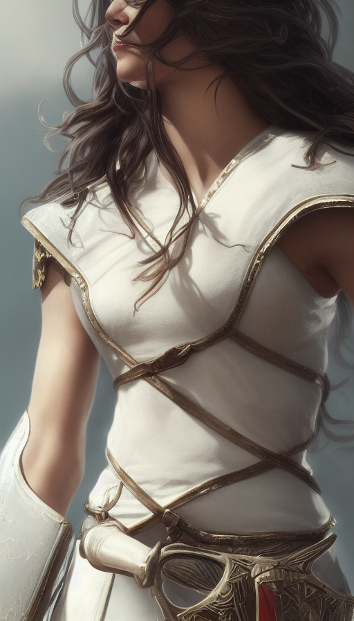 Closeup of Kassandra from Assassins Creed in white armor, Highly Detailed,Intricate,Artstation,Beautiful,Digital Painting,Sharp Focus,Concept Art,Elegant, by Alphonse Mucha,by Greg Rutkowski