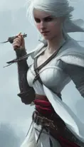 Closeup of Ciri in white Assasin's Creed style, Highly Detailed,Intricate,Artstation,Beautiful,Digital Painting,Sharp Focus,Concept Art,Elegant, by Greg Rutkowski