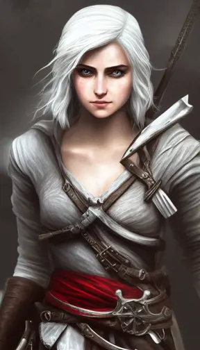 Closeup of Ciri in white Assasin's Creed style, Highly Detailed,Intricate,Artstation,Beautiful,Digital Painting,Sharp Focus,Concept Art,Elegant
