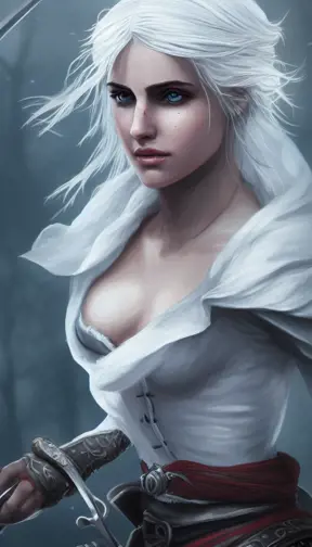Closeup of Ciri in white Assasin's Creed style, Highly Detailed,Intricate,Artstation,Beautiful,Digital Painting,Sharp Focus,Concept Art,Elegant
