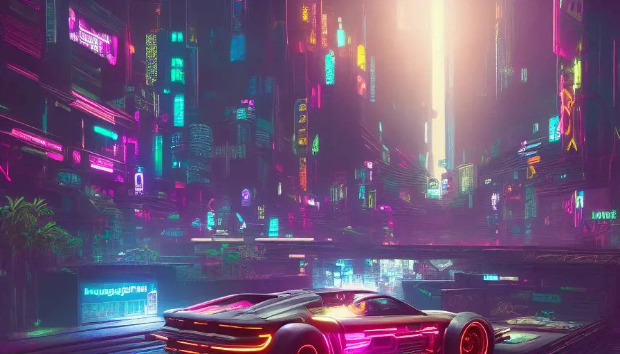 Neon city lights of Cyberpunk 2077, Highly Detailed,Intricate,Artstation,Beautiful,Digital Painting,Sharp Focus,Concept Art,Elegant