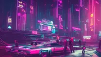 Neon city lights of Cyberpunk 2077, Highly Detailed,Intricate,Artstation,Beautiful,Digital Painting,Sharp Focus,Concept Art,Elegant