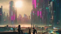City lights of Cyberpunk 2077, Highly Detailed,Intricate,Artstation,Beautiful,Digital Painting,Sharp Focus,Concept Art,Elegant