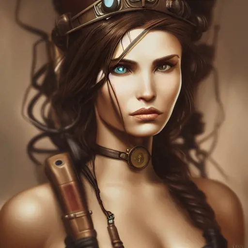 Steampunk portrait of Lara Croft, Highly Detailed,Intricate,Artstation,Beautiful,Digital Painting,Sharp Focus,Concept Art,Elegant